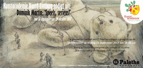 Tentoonstelling door Dominik Martin, illustratrice en lerares aan de Kunstacademie Noord-Limburg. Ze tekent speelgoed en creëert daar vervolgens een bijzonder universum bij. Op het eerste zicht lijken de werken speels, maar wie stil blijft staan ontdekt al snel een serieuze ondertoon. 'Speels, serieus?' is een tentoonstelling die niemand koud laat.