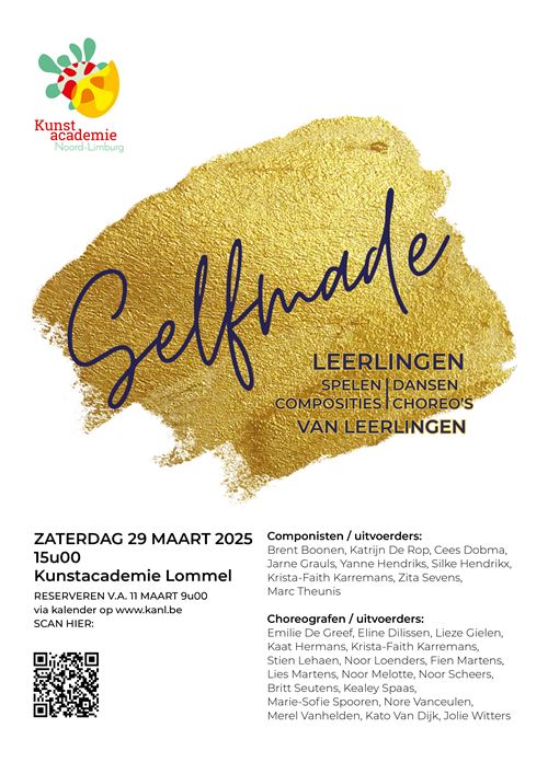 Een voorstelling met muziek, dans en choreo's van en door leerlingen van Kunstacademie Noord-Limburg.
Reserveren kan vanaf dinsdag 11 maart 2025 om 9u via de groene button. 
