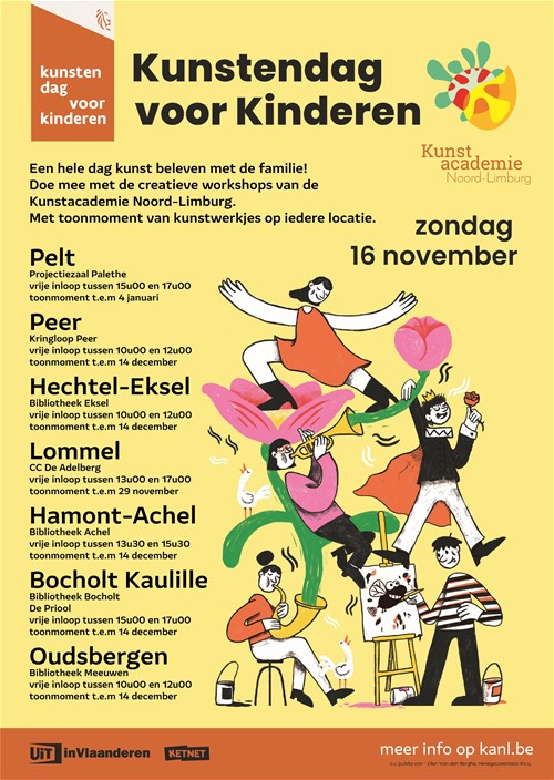 Op zeven locaties in Noord-Limburg werden op zondag 16 november - Kunstendag voor Kinderen - tal van kunstwerkjes gecreëerd tijdens een creatieve workshop van de docenten beeld van Kunstacademie Noord-Limburg. De werkjes blijven nog even hangen en kunnen bewonderd worden op de locaties en data op de affiche.