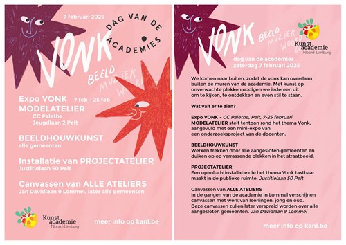 Op de 'Dag van de Academies' komen de beeldateliers van Kunstacademie Noord-Limburg naar buiten met hun kunst, zodat de vonk kan overslaan buiten de muren van de academie. Met kunst op openbare plekken nodigen ze iedereen uit om te kijken, te ontdekken en even stil te staan. Meer info op de flyer!